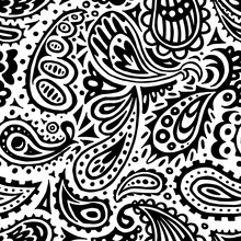 Seamless Black And White Pattern. Ink Paisley Ornament Hand-drawn. Print For Textiles. Ethnic And Tribal Motifs. Vector Illustration.