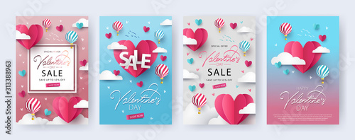 Cuadros en Lienzo Happy Valentine's Day banners, posters, cards or flyers Set with flying Origami Hearts over clouds with air balloons in the sky