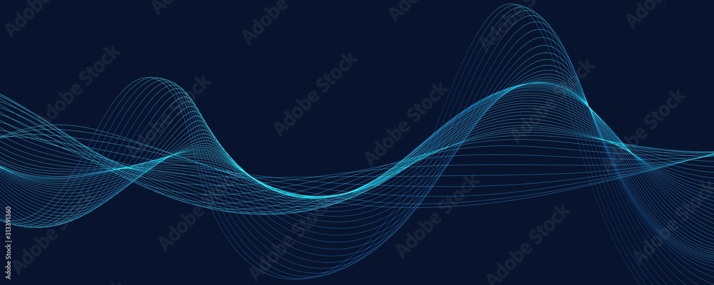 Abstract background with wave of flowing particles over dark, smooth curve shape lines - obrazy, fototapety, plakaty 