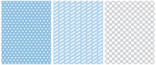 Pastel Color Seamless Geometric Vector Patterns. Regular White Stars And Stripes On A Blue Background. White Grid Isolated On A Gray Layout. Simple Abstract Vector Print For Fabric, Textile.