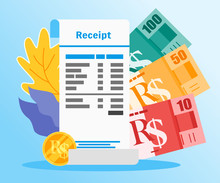 Shopping Or Market Receipt Payment With Brazilian Real BRL Money Vector Illustration Flat Design. Payment And Finance Element.  Can Be Used For Web And Mobile, Infographic And Print.
