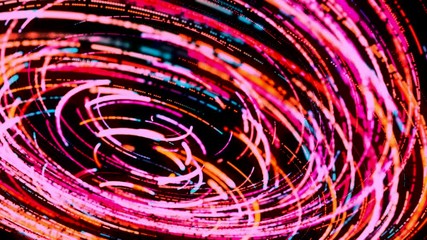 Poster - Bright glowing fast moving streams of light, along the trajectory of a circle on black background, seamless loop. Animation. Fast energy flying wave line with flash lights.