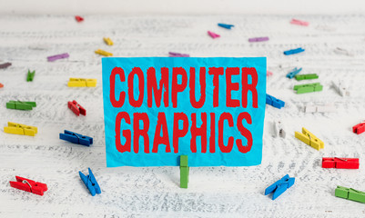 Fototapete - Word writing text Computer Graphics. Business photo showcasing visual representations of data displayed on a monitor Green clothespin white wood background colored paper reminder office supply