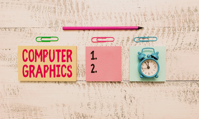 Fototapete - Conceptual hand writing showing Computer Graphics. Concept meaning visual representations of data displayed on a monitor Blank notepads marker small alarm clock wooden vintage background
