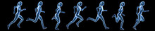Sportswoman Running Sequence Movements Isolated On A Black Background. Hologram 3d Render Banner Illustration. Sport, Fitness, Health, Human Biomechanics Concepts.