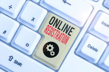 Poster - Writing note showing Online Registration. Business concept for registering via the Internet as a user of a product
