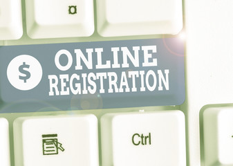 Poster - Writing note showing Online Registration. Business concept for registering via the Internet as a user of a product