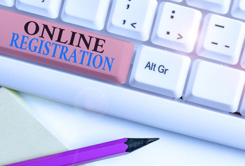 Poster - Conceptual hand writing showing Online Registration. Concept meaning registering via the Internet as a user of a product