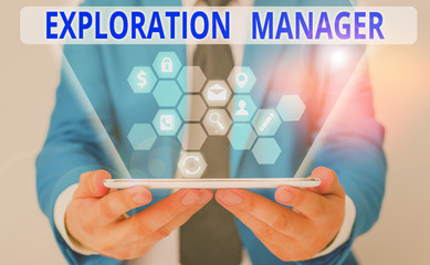 Poster - Word writing text Exploration Manager. Business photo showcasing lead and operate the mining company s is exploration
