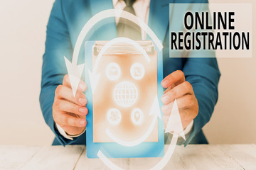 Poster - Writing note showing Online Registration. Business concept for registering via the Internet as a user of a product