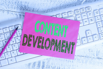 Fototapete - Handwriting text writing Content Development. Conceptual photo Authoring and originating content for any medium White keyboard office supplies empty rectangle shaped paper reminder wood