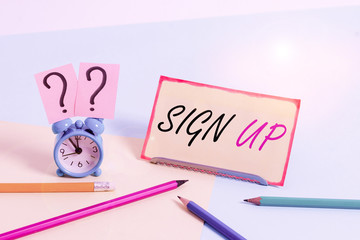 Poster - Handwriting text Sign Up. Conceptual photo use your information to register in website team college or blog Mini size alarm clock beside stationary placed tilted on pastel backdrop