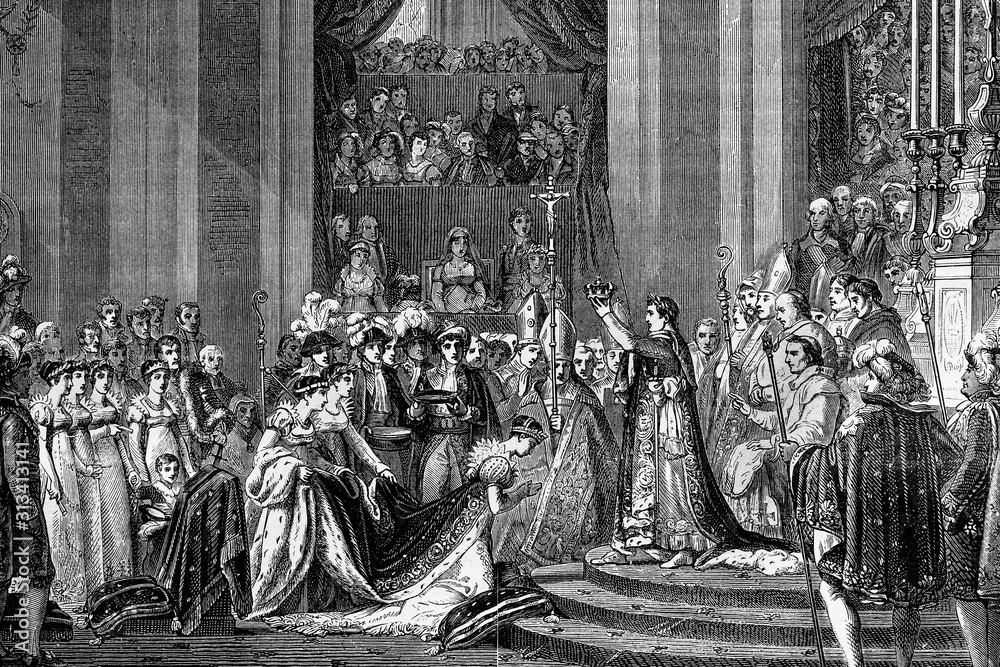 The coronation of Napoleon in the Cathedral of Notre Damme. 2nd. December 1804. Antique illustration. 1890. - obrazy, fototapety, plakaty 