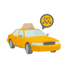 Taxi Order Icon 24 Hours. Cloud With The Image Of A Taxi Symbol And Work Time. Isolated Vector On A White Background. Suitable For Ads On The Site Or In A Mobile Application, As Well As On Your