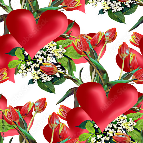 Valentinesday with heart, tulips and elderplant. seamless pattern.