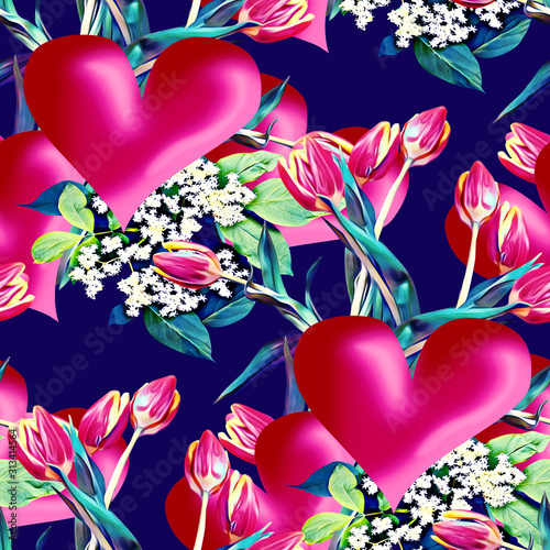 Valentinesday with heart, tulips and elderplant. seamless pattern.