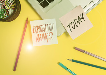 Poster - Conceptual hand writing showing Exploration Manager. Concept meaning lead and operate the mining company s is exploration Laptop sticky notes container pencils markers colored background