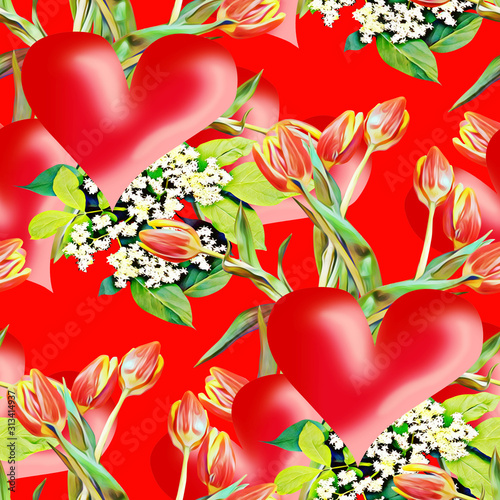 Valentinesday with heart, tulips and elderplant. seamless pattern.