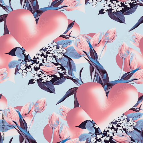 Valentinesday with heart, tulips and elderplant. seamless pattern.