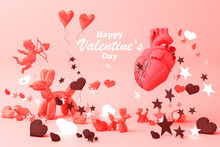 Valentine's Day Concept Background With Red And Pink Hearts Star Rose With White Square Frame And Love Decoration 3d Rendering