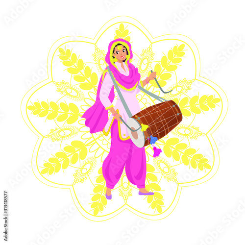 Cuadros en Lienzo Happy smiling young Sikh woman in Punjabi pink salwar kameez suit, dupatta shawl, playing traditional dhol drum on Indian harvest festival Lohri, party