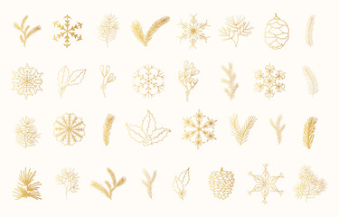 Big set of hand drawn golden branches of pine, spruce, fir trees, mistletoe and holly. Winter herbs and snowflakes for Christmas decoration. Vector isolated gold holiday design elements.