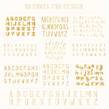 Set Of 10 Hand Drawn Fonts. Script Letters For Design. Whisky Label Type. Vector Isolated.