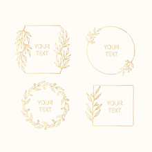 Collection Of Hand Drawn Golden Floral Branches For Christmas Decoration. Wreaths, Frames And Borders For Wedding Design Templates. Vector Isolated Gold Leaves Monograms.