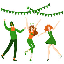 Saint Patrick 's Day. Template With Funny Dancing People In Festive Costumes.