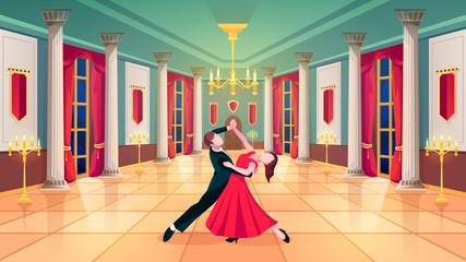 Ballroom hall, waltz dancers in royal palace room, vector background. Man and woman dancing waltz in ball room with luxury interior, marble columns and curtains, golden candelabra and candles