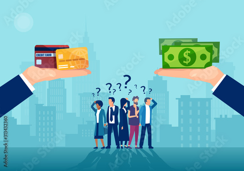 Fotomural Vector of confused people being offered cash and cashless method of payment