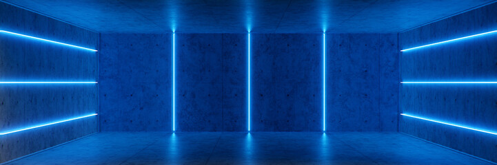 Poster - Abstract blue interior or corridor with neon light. Fluorescent lamp. Futuristic architecture background. 3d illustration of neon lamps that illuminate interior space. Mock-up for your design project