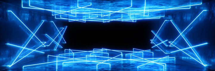 Poster - Abstract blue interior or corridor with neon light. Fluorescent lamp. Futuristic architecture background. 3d illustration of neon lamps that illuminate interior space. Mock-up for your design project