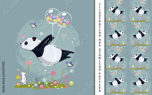 Fototapeta na szkło little panda flying with balloons illustration for kids
