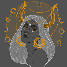 Taurus Girl With Golden Horns And Precious Jewelry