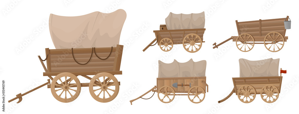 Wild west wagon vector cartoon set icon.Vector illustration set western of old carriage on white background .Isolated cartoon icon wild west wagon. - obrazy, fototapety, plakaty 