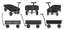 Garden Cart Black Vector Illustration On White Background. Farm Wheelbarrow Black Set Icon.Vector Illustration Set Icon Equipment Of Garden Cart.