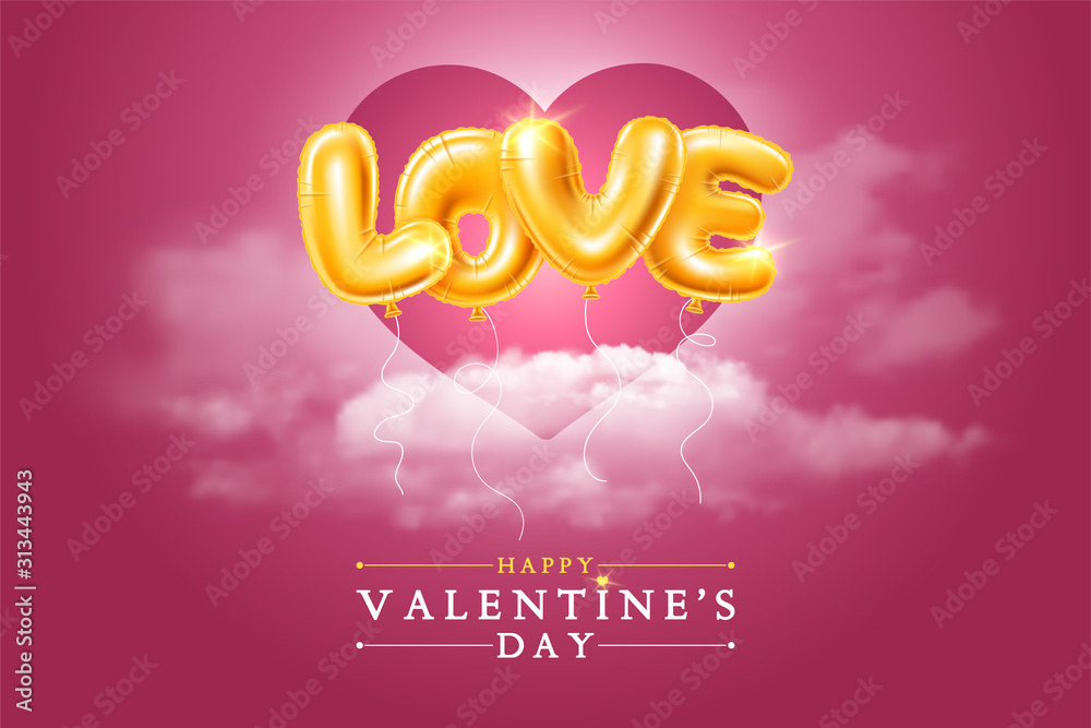 Happy Valentines Day Greeting Card With Golden Balloons Letters LOVE - obrazy, fototapety, plakaty 