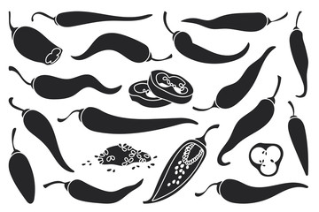 Wall Mural - Pepper of chili black vector set icon. Vector illustration chili and red pepper on white background . Isolated black set icon red paprika.