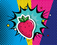 Delicious Strawberry With Explosion Pop Art Style Icon Vector Illustration Design