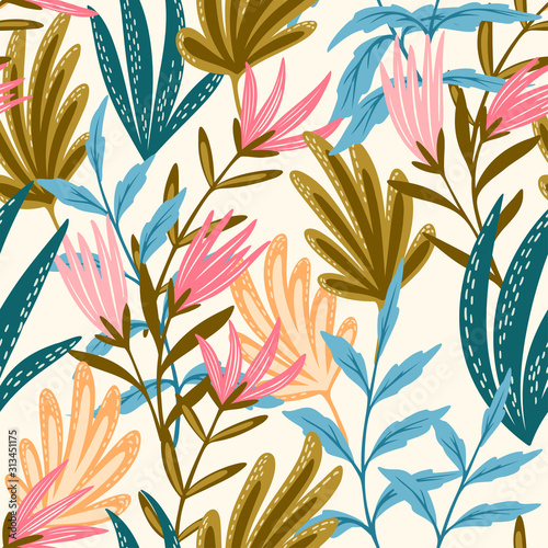 Papel de parede Seamless floral pink and blue
