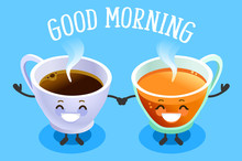 The Tasty And Healthy Aroma Of A Morning Beverage. Green Ingredient As A Leaf In A Hot Organic Delicious Drink To Taste The Natural Lifestyle Concept. Cartoon Flat Vector Illustration.