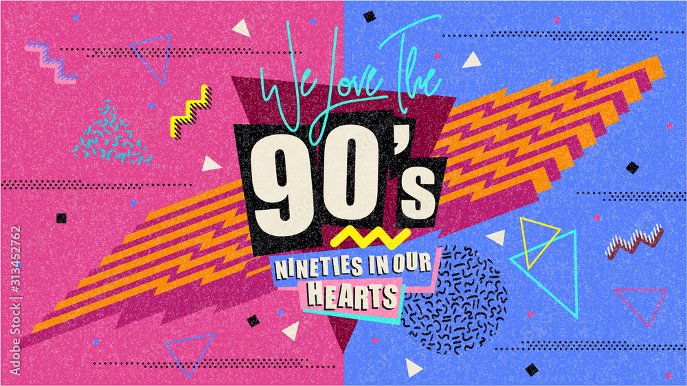 90s and 80s poster. Retro style textures and alphabet mix. Aesthetic fashion background and eighties graphic. Pop and rock music party event template. Vintage vector poster, banner. - obrazy, fototapety, plakaty 