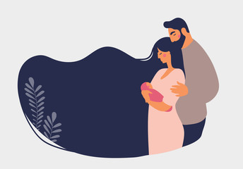 Married couple with a newborn baby. Family concept, place for text. A woman holds a baby in her arms, a man hugs his family. Flat cartoon vector isolated on white.