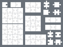 Puzzle Pieces. Parts Of Puzzles For Creative Game, Consistency Thinking And Solution In Assembly Of Graphic Image. Vector Templates
