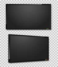 Tv Screen. Realistic Led Or Lcd Tv Screens, Black Panel Monitor Frontal And Angle View. Modern Digital Technology Plasma Frame Vector Set