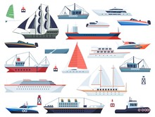 Sea Ships. Fishing Boat And Big Vessel For Ocean Travel On White Background Design Vector Shipping Set