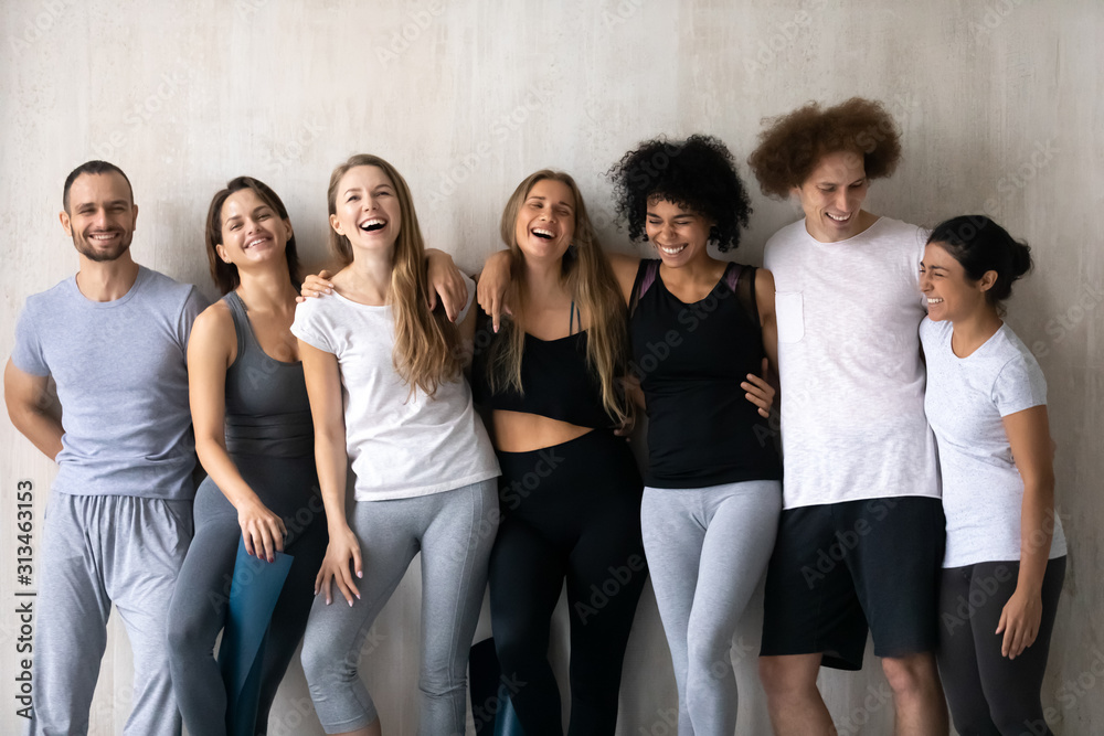 Happy diverse people having fun after group yoga lesson - obrazy, fototapety, plakaty 