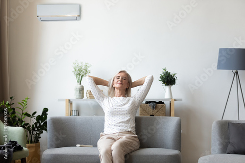 Cuadros en Lienzo Calm elderly woman relax on couch breathe fresh air