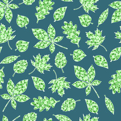 Poster - Seamless pattern of spring green leaves on a dark blue green background